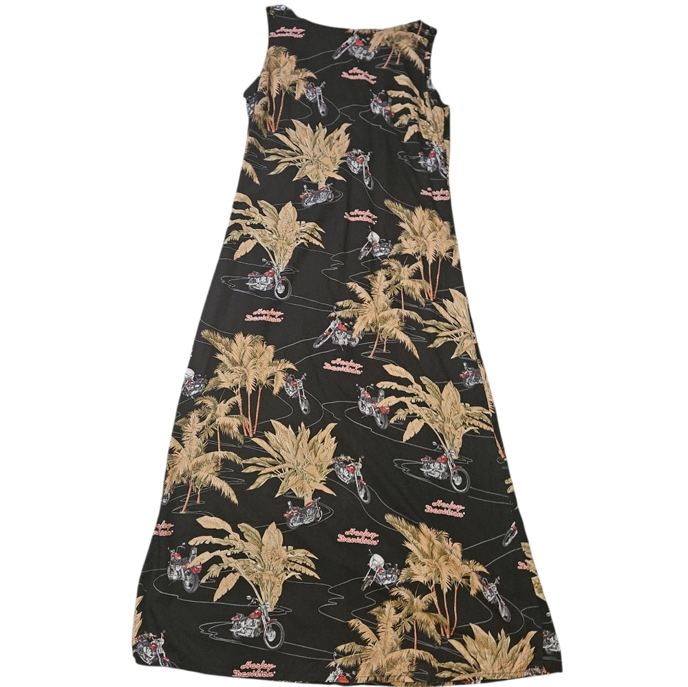 Harley Davidson Vintage 90s Y2K Print Palm Tree Dress Side Slit Buttons Medium M